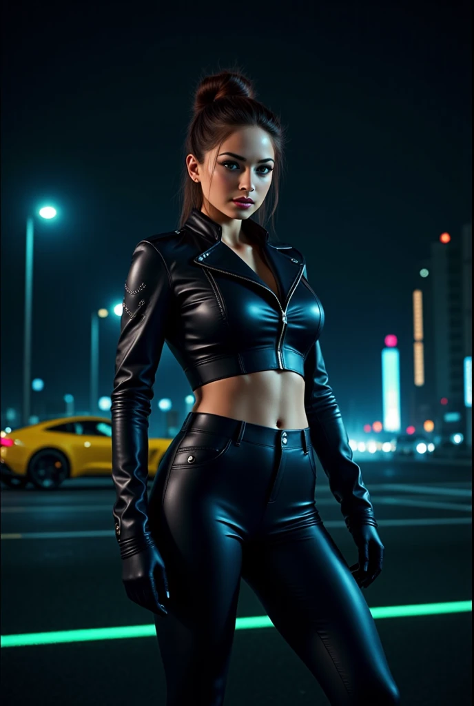 Una chica con el rostro de Ana de armas, estilo synthwave, con un fondo de una Ciudad futurista
