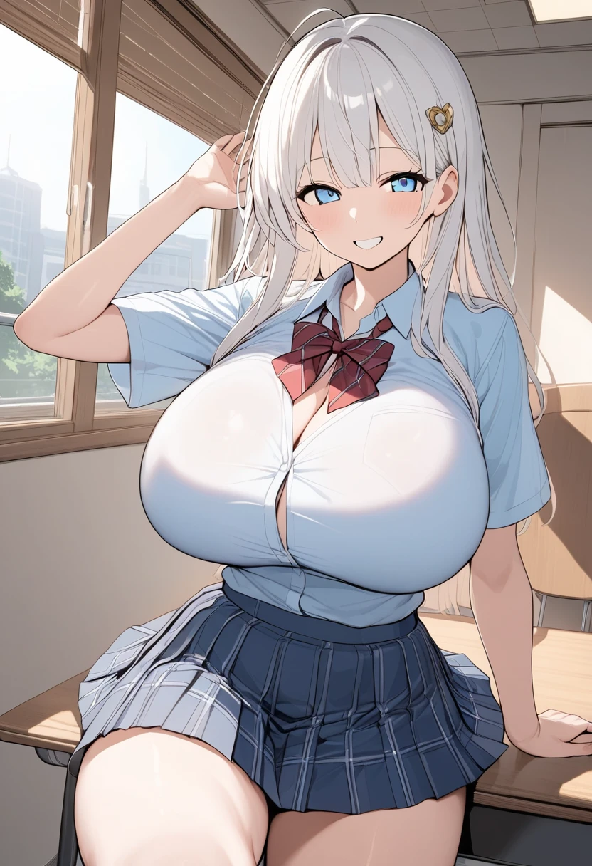 ((huge breasts))
((Very thick thighs))
((Very fleshy young woman))
(Tall)
(cleavage)
(Short White hair)
(bob hairstyle)
Blue eyes
Standing
(((tuck up one's skirt)))
(((White pantie)))
(((Shoot from front)))
(Japanese school uniform)
(white (business) shirt)
(Black mini(school)skirt)
Japanese
Tokyo city