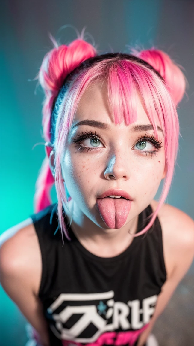 (ultra realista),Foto, alta calidad, ahegao analog photography , (low lighting), (neon ambiance) fondo claro ,retrato, 1 chica, ahegao, pelo color rosa,(chölka), ponytails hairstyle, ponytails , vista desde arriba, ojos detallados, (ultra detallado) 