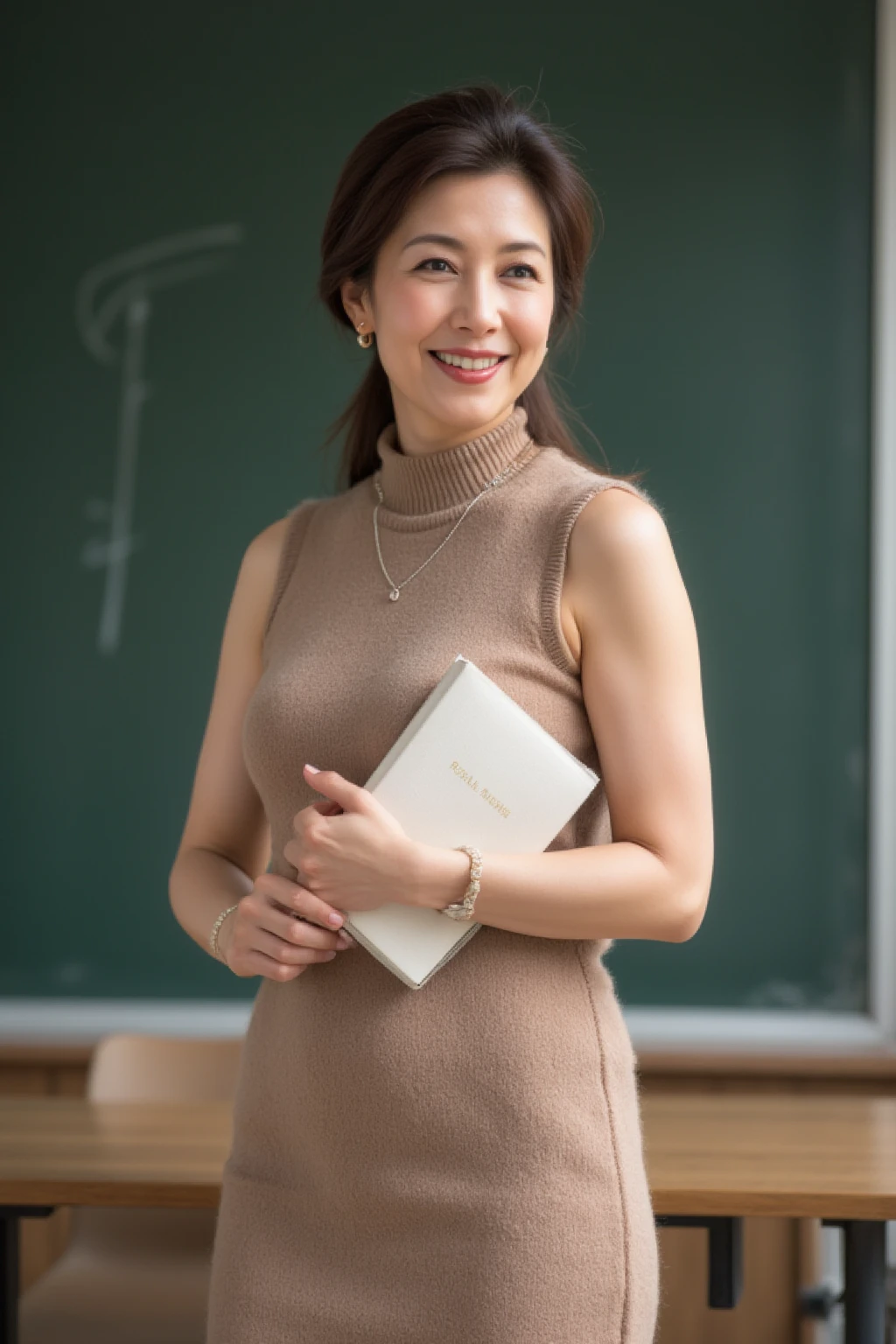 High resolution, highest quality, masterpiece, Textured skin, Anatomically correct, sharp, (((Full body photo))), Alone in the classroom, (Walking), ((Japanese Mature, 42 years old)), Nasolabial folds, Straight hair, Semi-long hair, (Plump figure:1.4), Shapely small , (looking at the camera), Serious expression, (Business look), ((teacher)), Ribbed short sleeves V-neck, Formal tight skirt, pumps, necklace