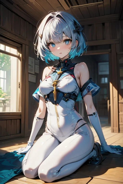 Kaine, <lora:KaineV1-000007:1>, (2d:1.2), 1girl, flower, bandages, , solo, white_panties, gloves, breasts, hair_ornament, bandaged_leg, braid, negligee, hair_flower, yellow_eyes, full_body, hands_on_hips, digital art, HDR, cinematic lighting, hard lighting amazing shading, professional art, abstract_background, 2d character, painting_\(medium\) background, fantasy, medieval, from_behind