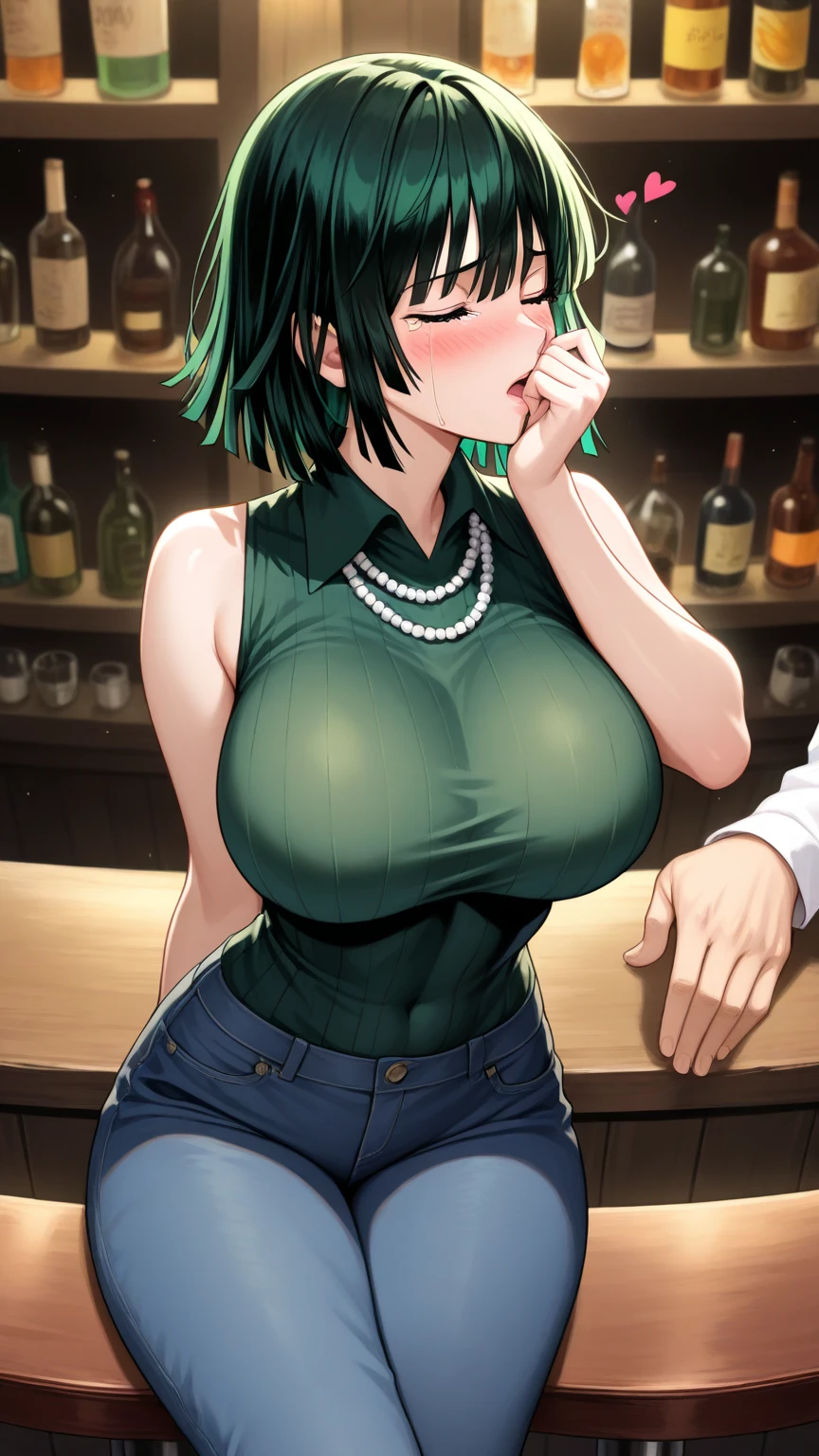 1girl, breasts, animal_ears, fubuki_(one-punch_man), playboy_bunny, bunny_ears, collar_detached, green_eyes, short_hair, solo, big breasts, black_hair, leotard, looking at viewer, covered navel, bowtie, cleavage, bare legs, animal_ears fake, smile, bow, high leg, shiny, black leotard, super thick thighs, bare shoulders, hot thighs, high leg leotard, shiny skin, arms behind the back, fringe, strapless leotard, lips, strapless, cowboy shot, bottle, wide hips, shiny clothes, inside from home, open lips, bar_(place), black_arch, clavicle