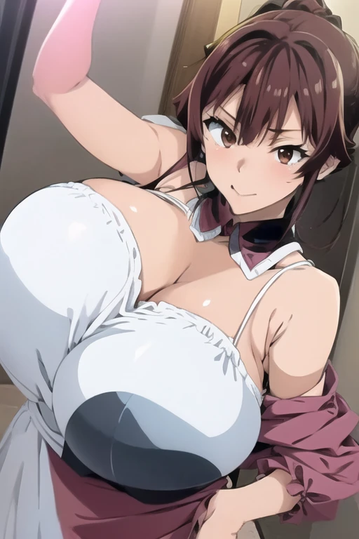 (nsfw:1.2), 1990s \(style\), retro artstyle, 1990s anime cels style, 1male and 1girl, breast sucking, best quality, high resolution, upper body, brown hair, bobcut, huge breasts, maid, orgasm, blush, embarrassed, choker