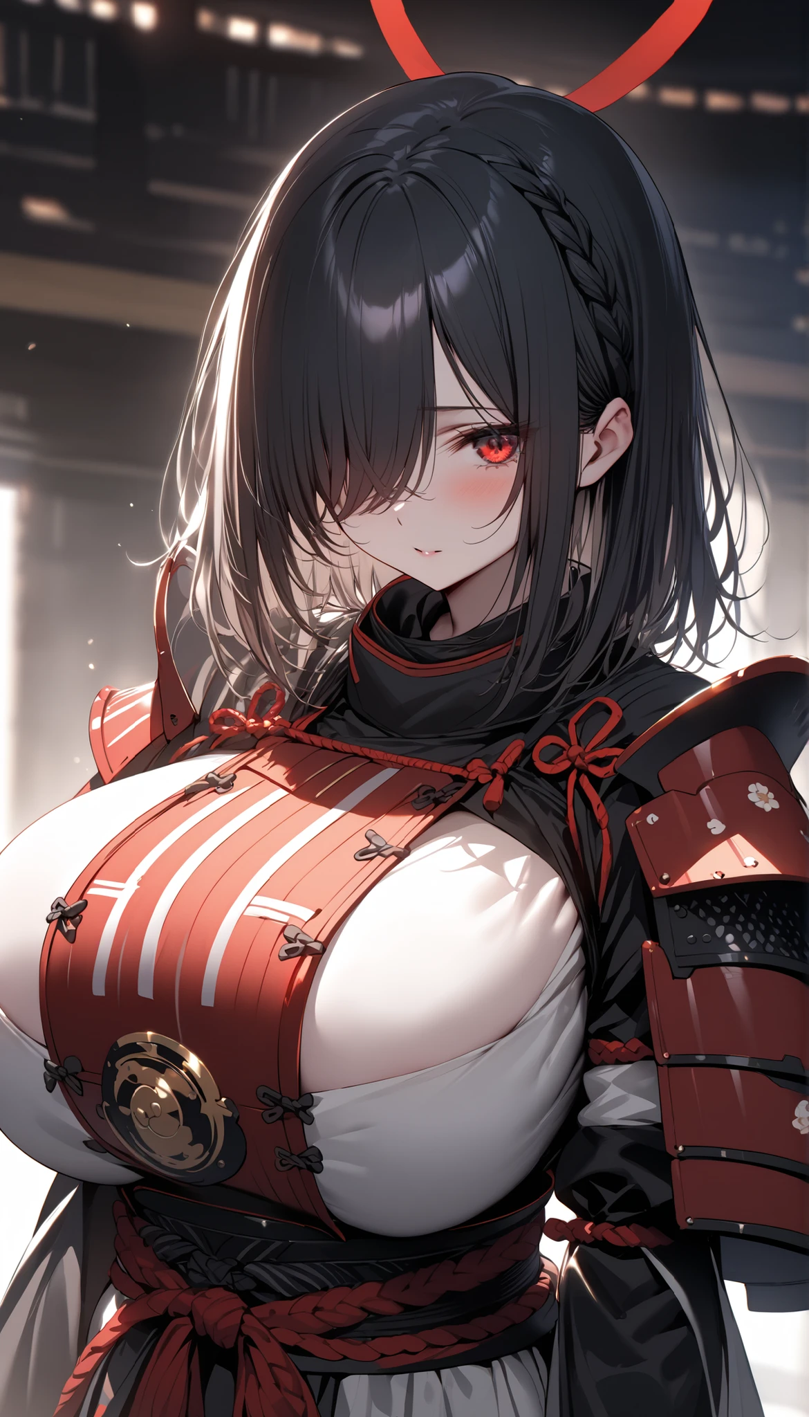Woman samurai armor long black hair red eyes big breast village sword blood