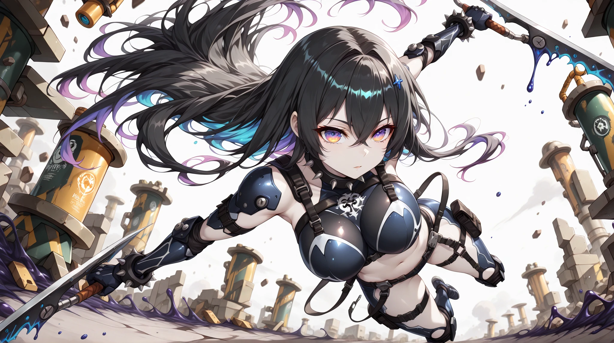 top-quality、Top image quality、masterpiece、Mecha Girl((18year old、Black and gray mechanical parts、Robot joints,Black tights,Bust 100、A dark-haired、Staring at the viewer、Breasts wide open,Large valleys、、Blue Eye、Dye cheeks、fighting poses))hiquality、depth of fields、Background with((World of the Apocalypse、Black sky))、Depth((planet earth)), nsfw. 70% nude