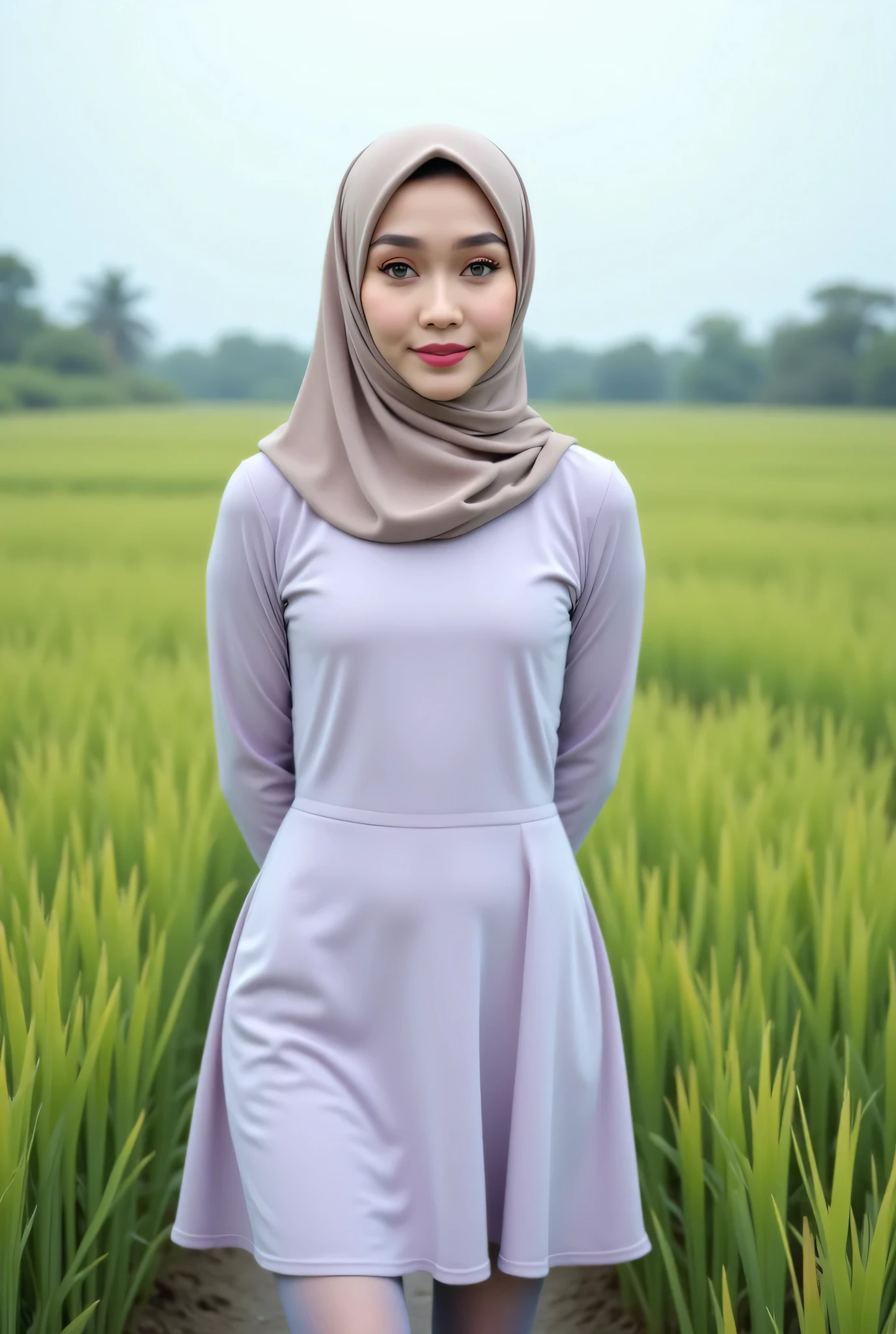 Just Front photo, wear a pastel translucent (periwinkle) leggings closed my center, Tetek besar melayut, hijab hijab hijab  hijab, (photorealistic:1.6), background rice paddy. daytime atmosphere, don't put any rope! flat chest!, duduk di atas kerusi kaca, hands behind back while legs astride,  view from  front, wearing Detailed (very soft plain mini dress) and spread tiny the legs 