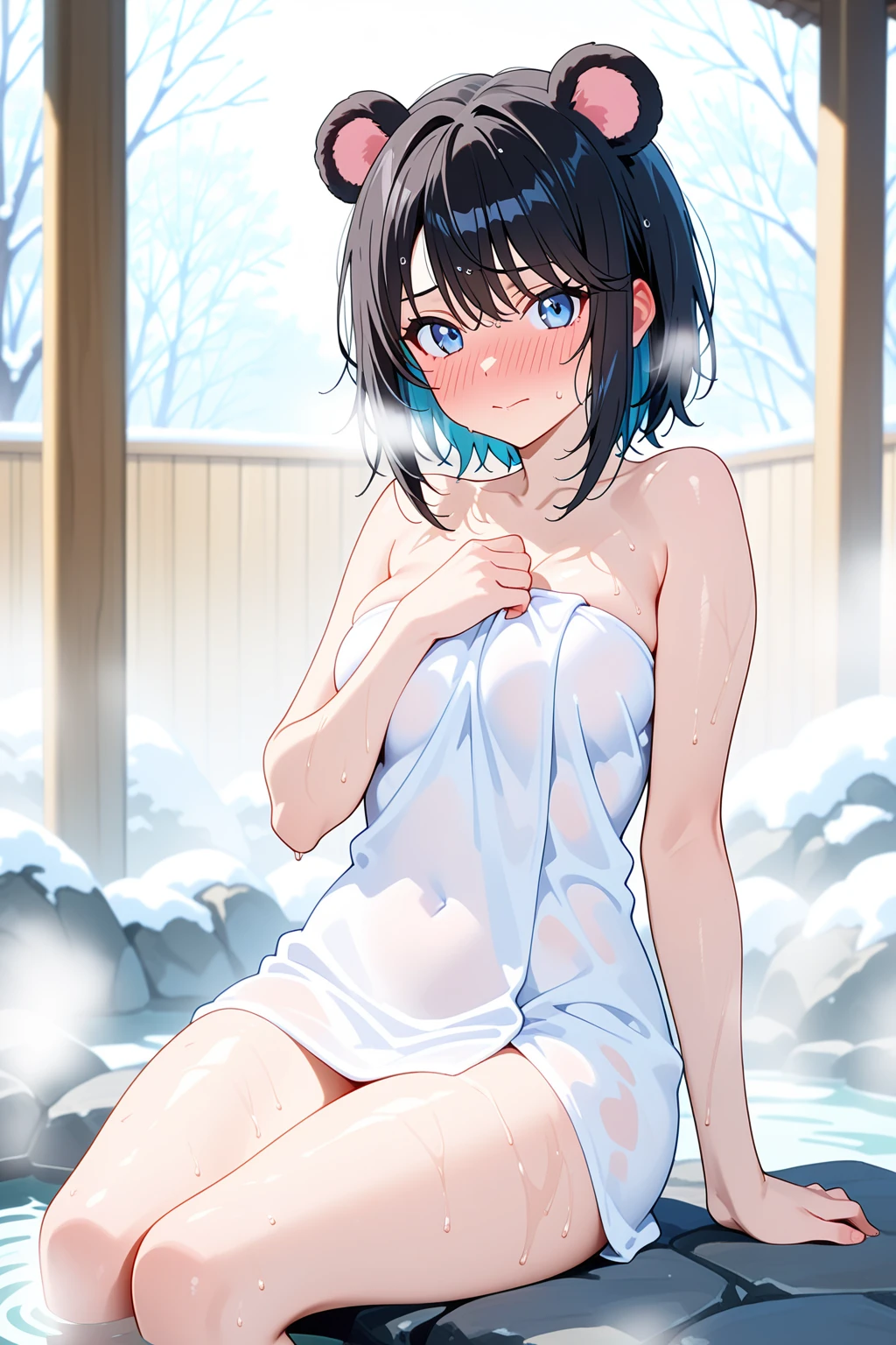 (photorealistic:1.3, highest quality:1.3,8Kmasterpiece, masterpiece:1.3,High resolution,muste piece:1.2),A 23-year-old woman bathed in a hot spring,(white leotard:1.3,choker), Clean wet skin, (looking at the camera:1.2),(View from above:1.2), (short hair:1.2,wet bright blue hair:1.5), (blushing:1.3,smile:1.3), (lie down),(full of sweat:1.3),open-air bath,steam,vapor,background(snow scene,snow mountain:1.3, sunrise:1.3),(Bold pose with legs spread,dynamic pose:1.2),(Wet clothes stuck to my skin:1.4),(Nipples visible through clothing),(genitals visible through clothing),(Butt visible through clothes),(slender, abs:1.2),(young skinny gravure idol, sophisticated gravure idol),(detailed perfect face),normal hands:1.5,normal finger:1:5,normal feet:1.5
