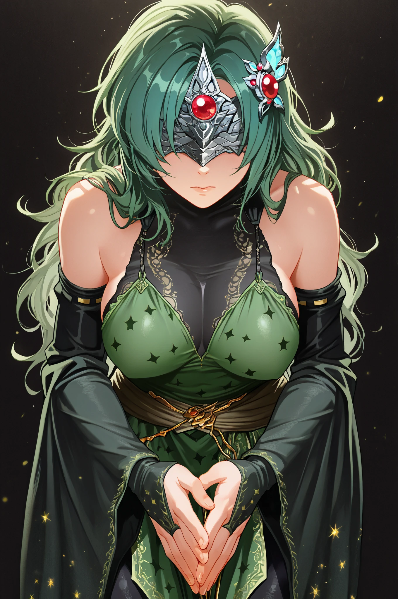 A beautiful anime-style girl with long green hair,(((detailed)))Green Eyes,Transparent hair,(((detailed)))Cool face,Expressionless,Immoral Beautiful Girl,(((detailed)))A beautiful girl with a well-balanced and glamorous body,Hourglass curves,Big Breasts,(((detailed)))黒色と緑色の際どい和服を着たImmoral Beautiful Girl,Sarashi,Hakama,Floral pattern,(((detailed)))Most of the time she wears kimono and no underwear.,  Cleavage, butterflyの飾り, beautiful (((detailed)))Pale skin,Flower Pattern,(((detailed)))Full Body Shot,There are insects all over my body,(((detailed)))butterfly々,Countless insects,Vines that wrap around hands, feet, etc.,(((detailed)))fog,Red Moon,Mysterious flower field,Dark Forest。