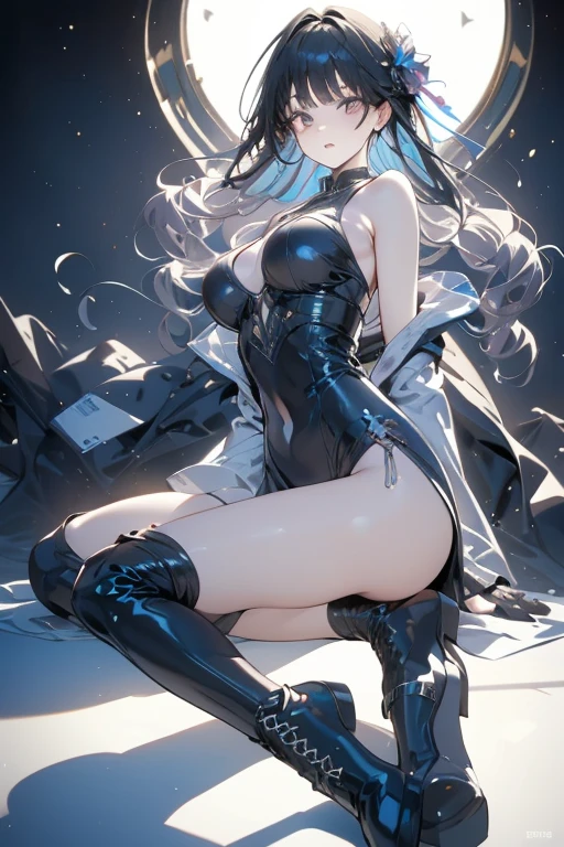 {{Masterpiece}}, Best Quality, Ultra Detail CG Unity 8k wallpaper, movie lighting, lens flares, beautiful detail eyes, blue hair, red eyes, rabbit ears, white bunny girl, bare shoudlers, black gloves, legs crossed, sitting in gorgeous chair, bossy face, angle from below
