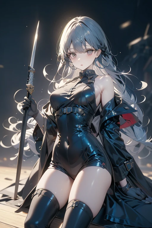 slender, mature female,1girl, solo, navel, thighhighs, rating:safe, gloves, red_eyes, bare_shoulders, elbow_gloves, breasts, black_legwear, thigh_boots, midriff, armor, medium_breasts, looking_at_viewer,short_hair, boots, white_hair, silver_hair, closed_mouth, center_opening, detached_sleeves, bangs, long_hair,