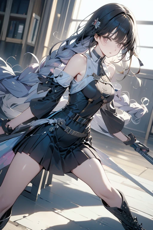 absurd, Very precise details, Высокодетализированные обои 8k, (Incredibly beautiful girl: 1.5), ponytail, from back to shoulder, from the outside, Side focus, Spine exoskeleton, Body, rest, (mechanical joints, mechanical limbs: 1.3), headdress, BREAK, dynamic angle, (looking back: 1.5), The wind blows, scarf, mini skirt,