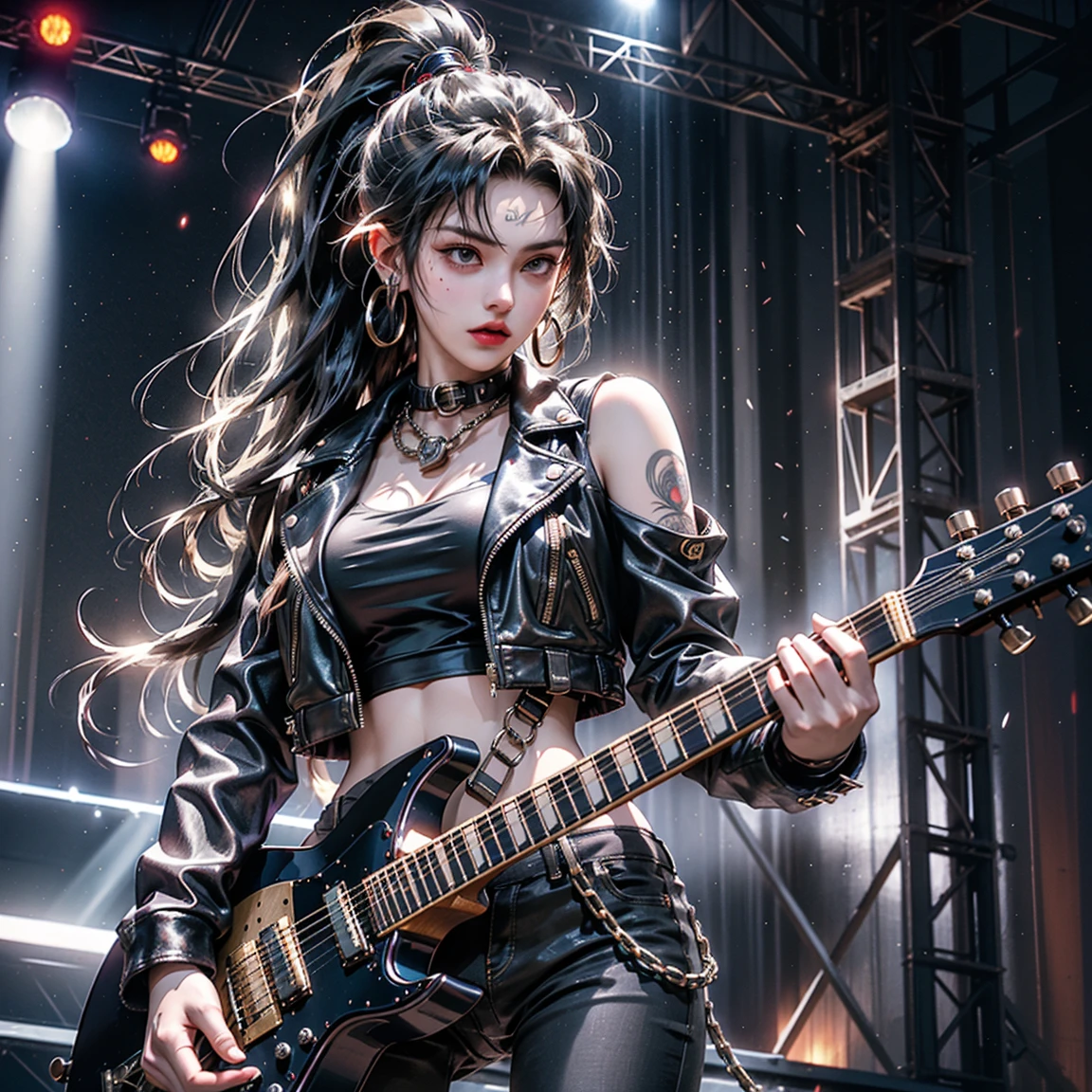 A beautiful black-haired woman holding a luminous guitar to her