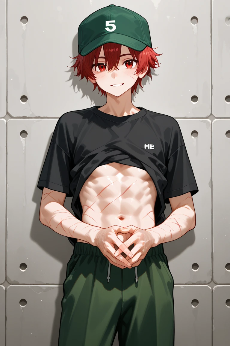 1boy,solo,twink,red hair,white tank top,clothes lift,navel,yellow pubic hair,locker room,male focus,penis,erection,precum,soccer ball,<lora:Male2.5DStyle:0.6>,