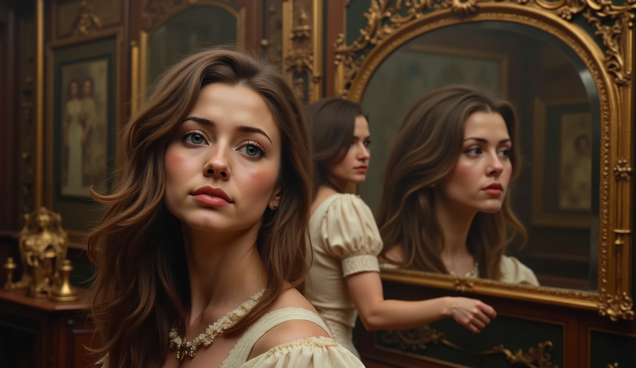 Eleanor, a beautiful and sensual woman (a very beautiful woman with long brown hair, dressed in 19th century ball clothes), 3 Mirrors on the wall vibrate, reflecting a distorted image of Eleanor who is beginning to lose consciousness.,detailed background,,
