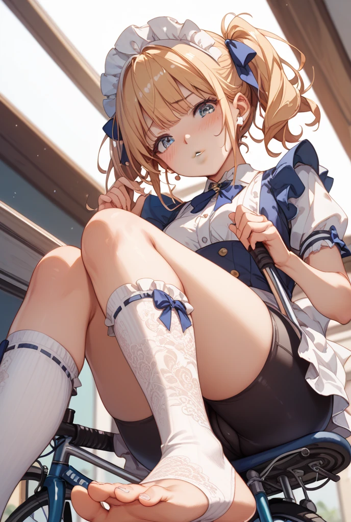 (official art、highest quality、Unity 8k wallpaper、32K、masterpiece、super detailed、超high resolution、realistic、Photoreal:1.2)、(cinematic lighting:1.2)、fire glow effect、film grain、best shadows、rim lighting、side light、(Super detailed and complex 3D rendering)、detailed beautiful face and eyes、(Beautiful and sharp pupils)、masterpiece, high resolution、highest quality, Ultra - High resolution, maximum resolution, very detailed, professional lighting, beautiful skin, 25 year old woman、very pretty, (((waitress、Maid clothes、work at a cafe、(((Maid clothes、skirt)))、bright hair color、blonde、bangs、dull bangs、 (((happy expression、Pick-up、look away、Hospitality、looking far away、彼女はlooking far away、don't look here)))))))、(focus on panties、Pants super close up)、(Zoom up to panties)、((the girl is looking away、The girl is looking to the side、looking at something else、the girl is busy at work、angle from below)), (((((走り回ってwaitressとして働く、take an order at a cafe、run、run around、run and carry food、Use trays to carry drinks and snacks、(((Voyeurism from below、unintentionally, you can see a little of her lace panties)))))、((Perfectly structured limbs、Perfect and precise fingers、体の各部分のバrunス)