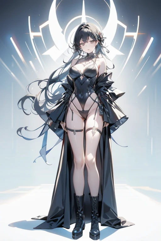 ((masterpiece, best quality)), Epic battlefield atmosphere,Delicate face,Succubus,whole body,Standing picture,glowing golden eyes,Large Breasts,Gradient white long wavy hair,Perfect body proportions,Pure white background,Fluorescence,firefly,Water Ripples,Lace,Transparent sex bikini,Tattoo,chain