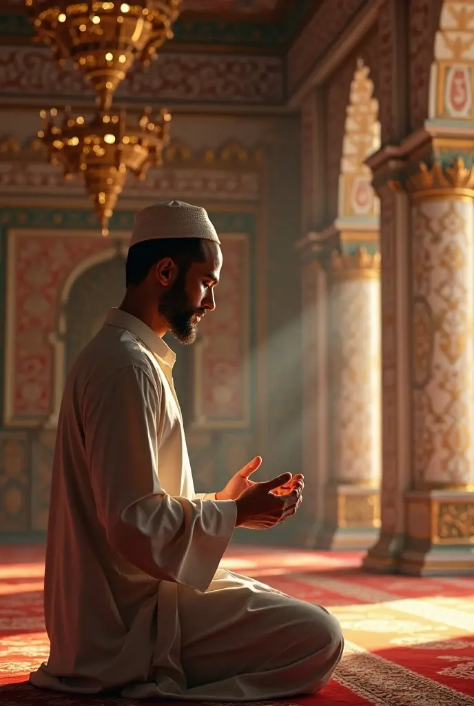 1.pemuda tertidur diatas sajadah masih memegang  tasbih dan berbaju muslim A young man dreamed that he was sitting and was invited by a man with a green turban and a green and white robe into a bright room while holding out his hand. 