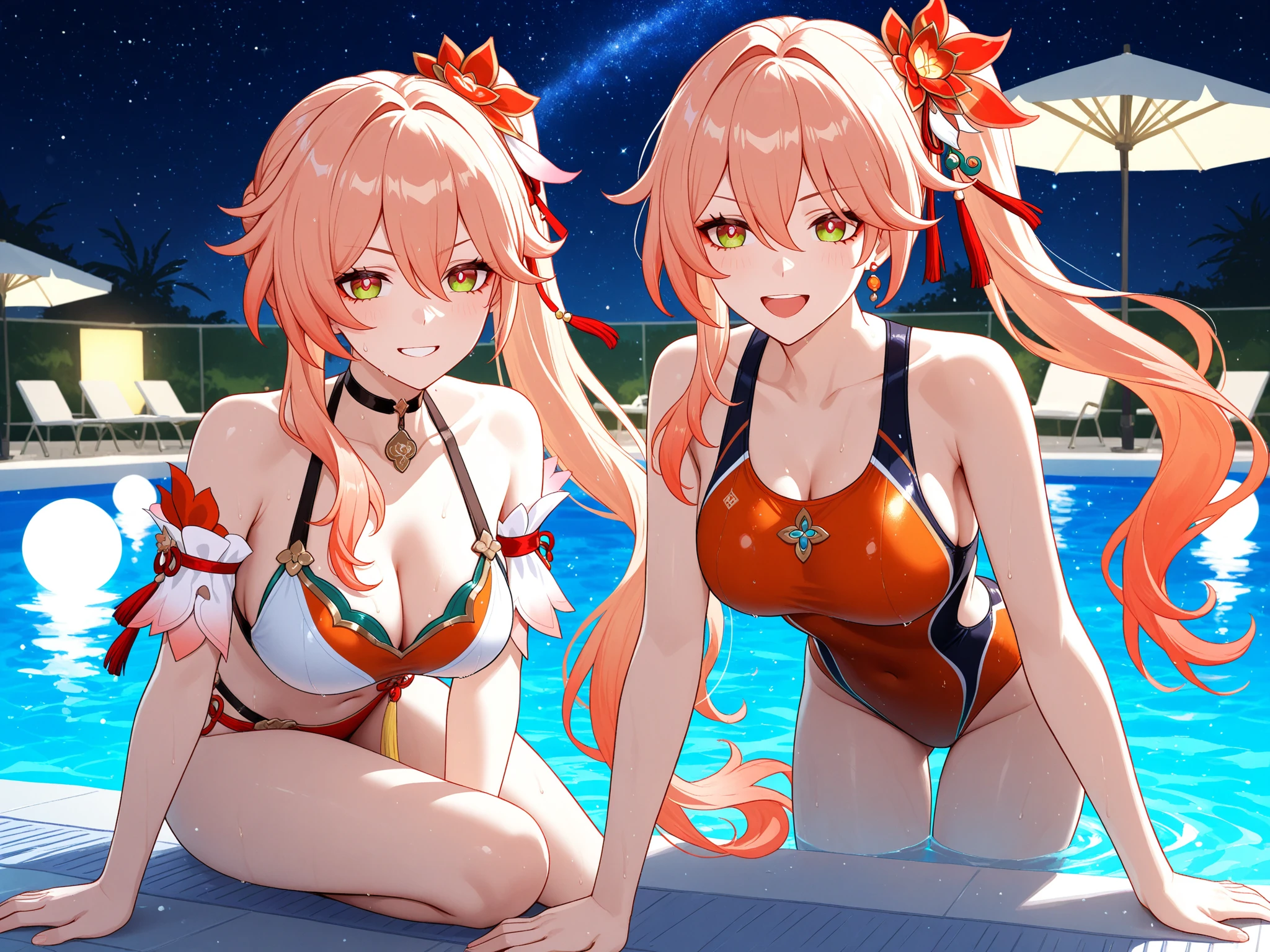 2d, masterpiece, best quality, anime, highly detailed, 5 girl, photo of 5 girl, quintuplets, nakano itsuki, red hair, long hair, star hair ornament, ahoge, large breasts, standing, onsen, red bikini, outdoors, smile, abdominal, abs muscular, belly button, side breasts, back muscles, sitting crossed legs, yoga poses, round table, on all fours, sexy body, perfect body 