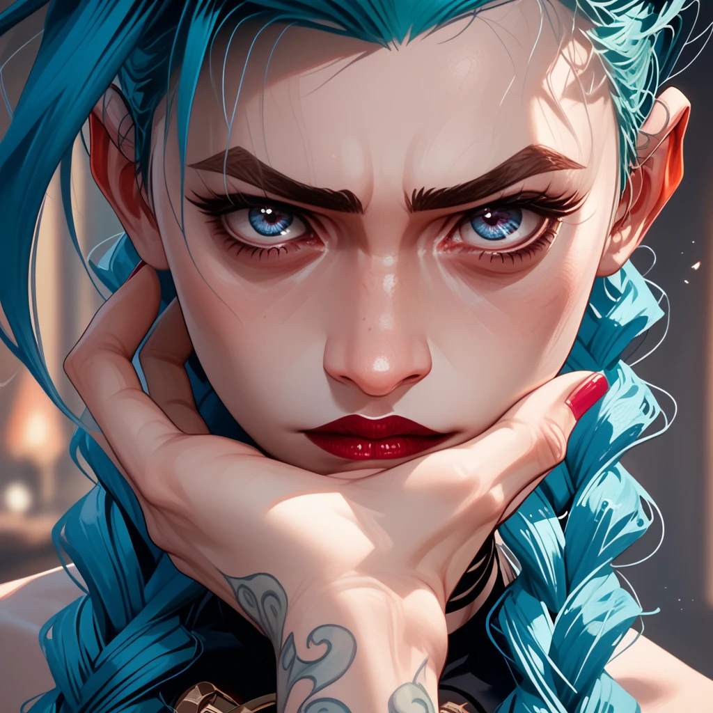 karen, woman, long hair, curly hair, wavy hair, very voluminous hair, blue hair, light eyes, blue eyes, looking at something, looks suspicious, look of disapproval, angry facial expression, close up of the face, the woman is smoking a cigarette, smoking, cigarrete, the cigarette is in the woman's mouth, 