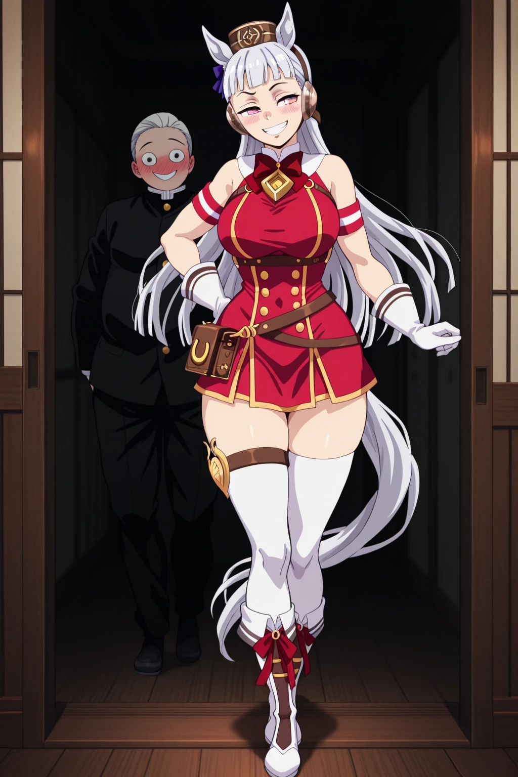 there is a woman with a white dress and a red rose in her hair, anime cosplay, anime girl cosplay, cosplay photo, anime style mixed with fujifilm, cosplay, white haired deity, a beautiful kitsune woman, cosplayer, white cat girl, girl silver hair, nekomimi, anime girl in real life, ayaka cosplay, white hime cut hairstyle, mighty_muscles(alternate_muscular_size)