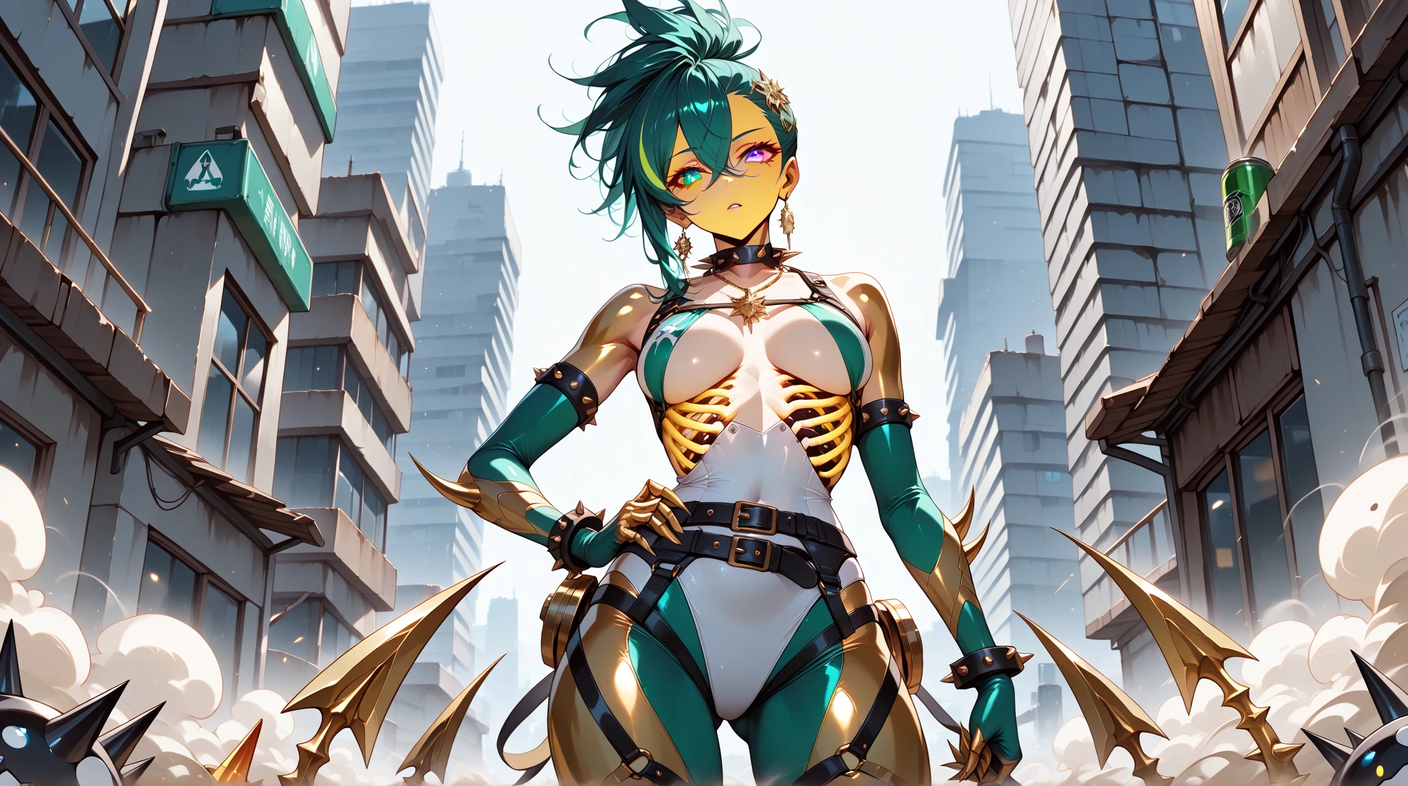 Verde: 1.5, laranja: 1.1, Branco: 1.3, amarelo: 1.3, (garota), tatuagens de caveiras, armadura do terror, clothing skeleton, splash de cores no fundo, garments