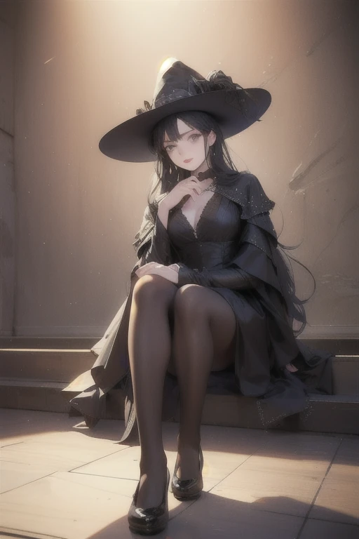 absurdres, RAW photo, extremely delicate and beautiful, masterpiece, Best Quality, ultra high resolution, 32k, hyperrealistic, ultra-detailed, detailed description, pale skin, 20 years old, detailed beautiful face and eyes, tearful mole, earring, Colossal tits, short medium hair, wavy hair, full body shot, alone, witch, magic wand, casting a spell, cloak, pointed hat,