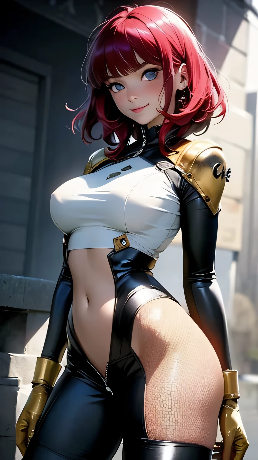 Beauty anime woman, highly and extremely detailed (combat body suit:1.1) with (scarf), (skimpy suit:1.2), (detailed wet skin with pores:1.1), (wide hips:1.1), (slim waist:1.1), (thick thighs:1.1), (detailed face and eyes:1.2), sharp focus, detailed hair, masterpiece, global illumination, (real shadow:1.1), best quality, photorealistic, 8k (short bob cut hair) with (colorful bangs fringes:1.1), (red lips), (eyelashes:1.1), (intricate iris textured), developed by unreal engine 5, vibrant and intricate, golden ratio, (detailed hand and finger:1.2), (medium breasts:1.2), (busty), (deep cleavage:1.2), (labia outline:1.3), (hard teat:1.3).