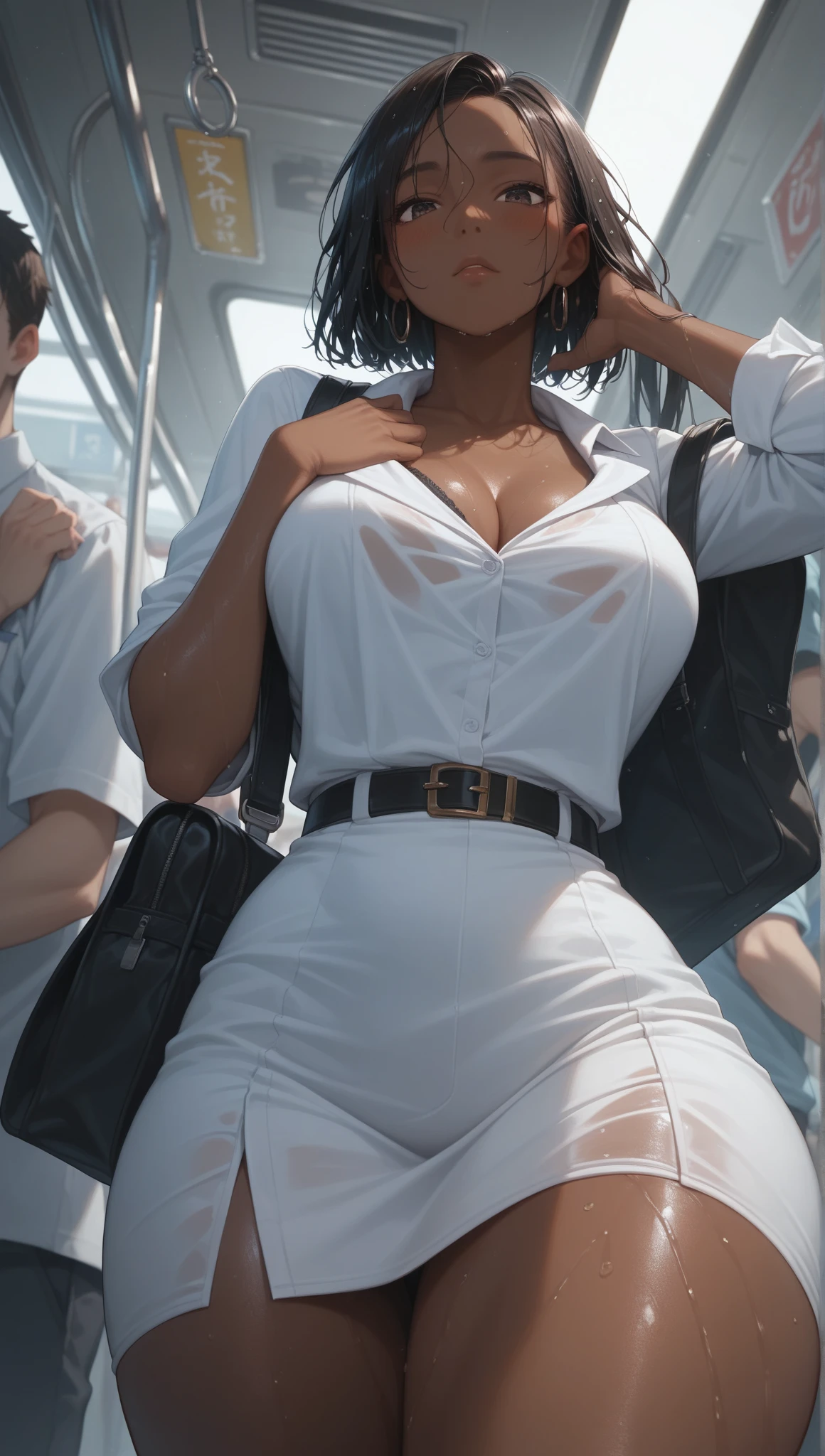 1 beautiful woman, large body, eyes closed, eyelids made up, short Afro hair, green dress, black jacket over the dress, sandals, large green nose, long eyelashes, full lips, open mouth. sleeping sitting on the train