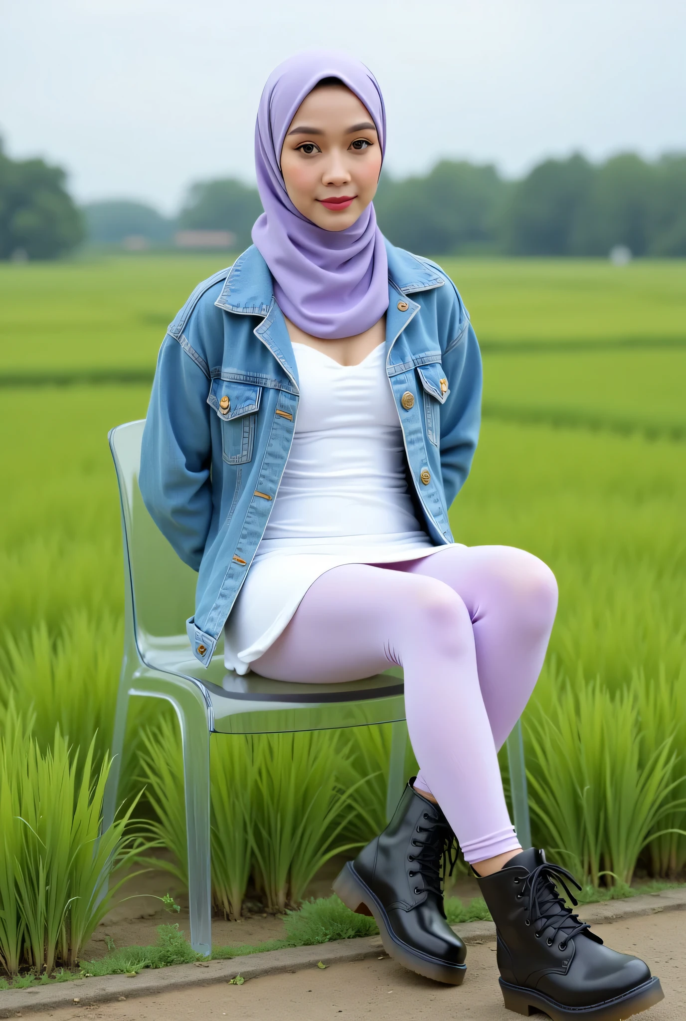 Just Front photo, wear a pastel translucent (periwinkle) leggings closed my center, Tetek besar melayut, hijab hijab hijab  hijab, (photorealistic:1.6), background rice paddy. daytime atmosphere, don't put any rope! flat chest!, duduk di atas kerusi kaca, hands behind back while legs astride,  view from  front, wearing Detailed Fully white satin silk tight dress, (Singlet flares), wearing Levi's type 1 denim jacket , "Dr. martens boots"