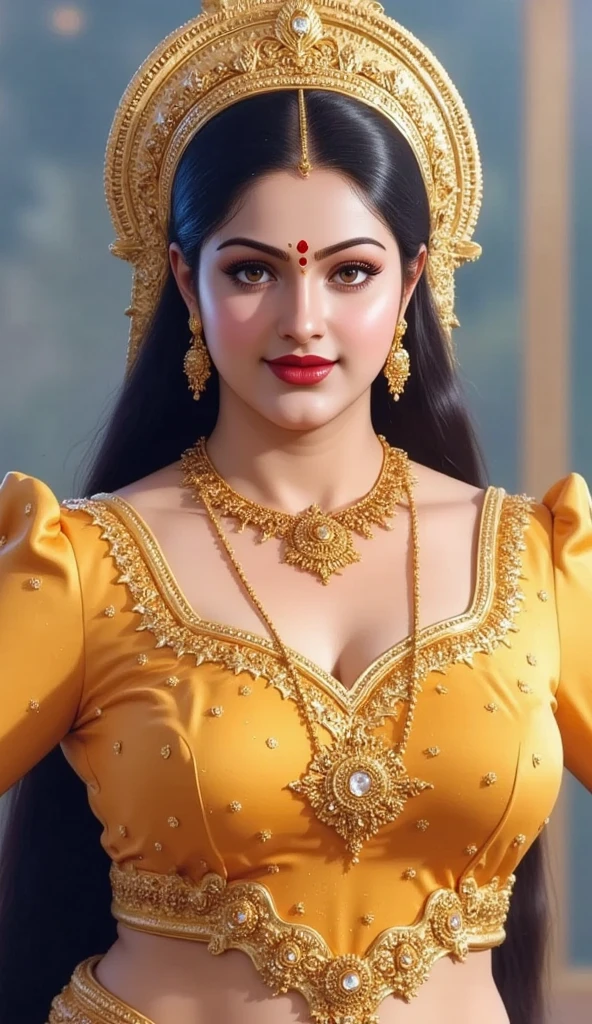 Beautiful painting of a woman in a sari with a necklace and earrings, beautiful thick figure, Thick curvy beauty, looks like Sandeepa Dhar, inspired by Raja Ravi Varma, szukalski ravi varma, portrait of a beautiful goddess, by Raja Ravi Varma, indian goddess, traditional beauty, a stunning portrait of a goddess, inspired by T. K. Padmini, indian art, indian goddess of wealth, portrait of a goddess