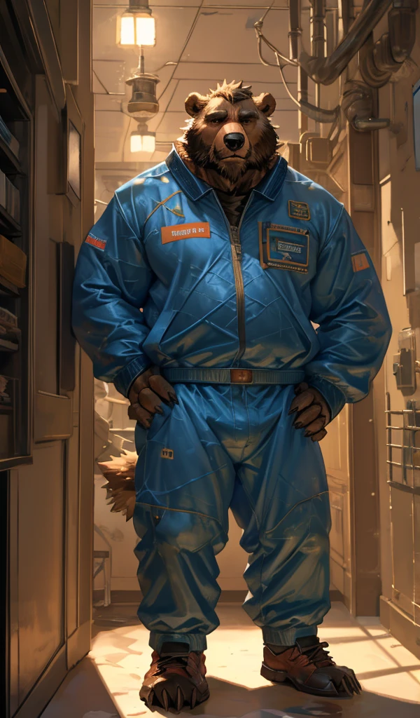 Solo, male, brown bear, by meesh, black hair, beard, (((body hair))), red spaceshit, uniform, (((by meesh))), standing, big bulge, muscular, slightly chubby, space, spaceship, window