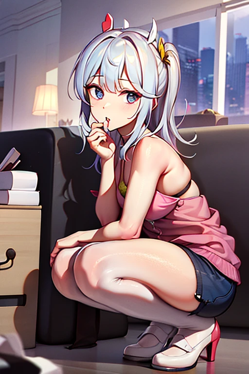 (Ultra real), (Illustration), (High resolution), (8K), (Very detailed), (Best illustration), (Beautiful detailed eyes), (Best quality), (Ultra detail), (Masterpiece), (Detailed face), Solo, (Dynamic pose), 1 girl, White wavy hair on chair, Japan person, Iris heterochromatic eyes, Small moles under the eyes, Rather large breasts, Long legs, Tighten abs, ( camel toe), (without panties), (without bra), Kaede Takagaki, long hair, full body, open legs, short apron