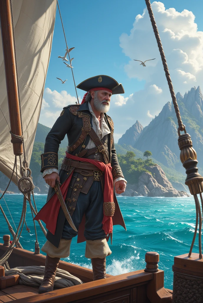 Mediterranean pirate, bearded man on a ship, upper body UP, always detailed, super delicate, photo, 3D