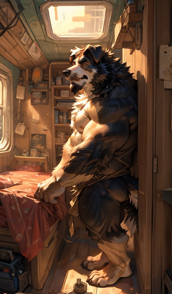 By Taran Fiddler, one man, anthro canine (Bearded Collie breed), adult male, elderly, slightly wrinkled face, bushy eyebrows, stern facial expression, grumpy, bushy mustache, mustache covering mouth, slightly short height, dilf, hands on the wall, pushing against wall, shirtless, naked, facing away from viewer, boat interior, inside living quarters, back shot angle of character