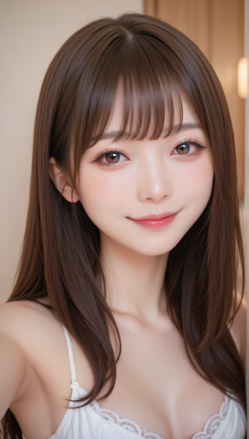 One Girl、((smile:0.1))、pretty girl、Brown Hair、Baby Face、young、Delicate girl、Upper Body、Small breasts、Unreasonable precision、Very detailed、camisole、Completely flat、Honesty、Thin arms, Professional Lighting, Film Grain, chromatic aberration, (Eye and facial details:1.0), (Bokeh:1.1)、software:1.5)))、 highest quality, 8k, 14 years,