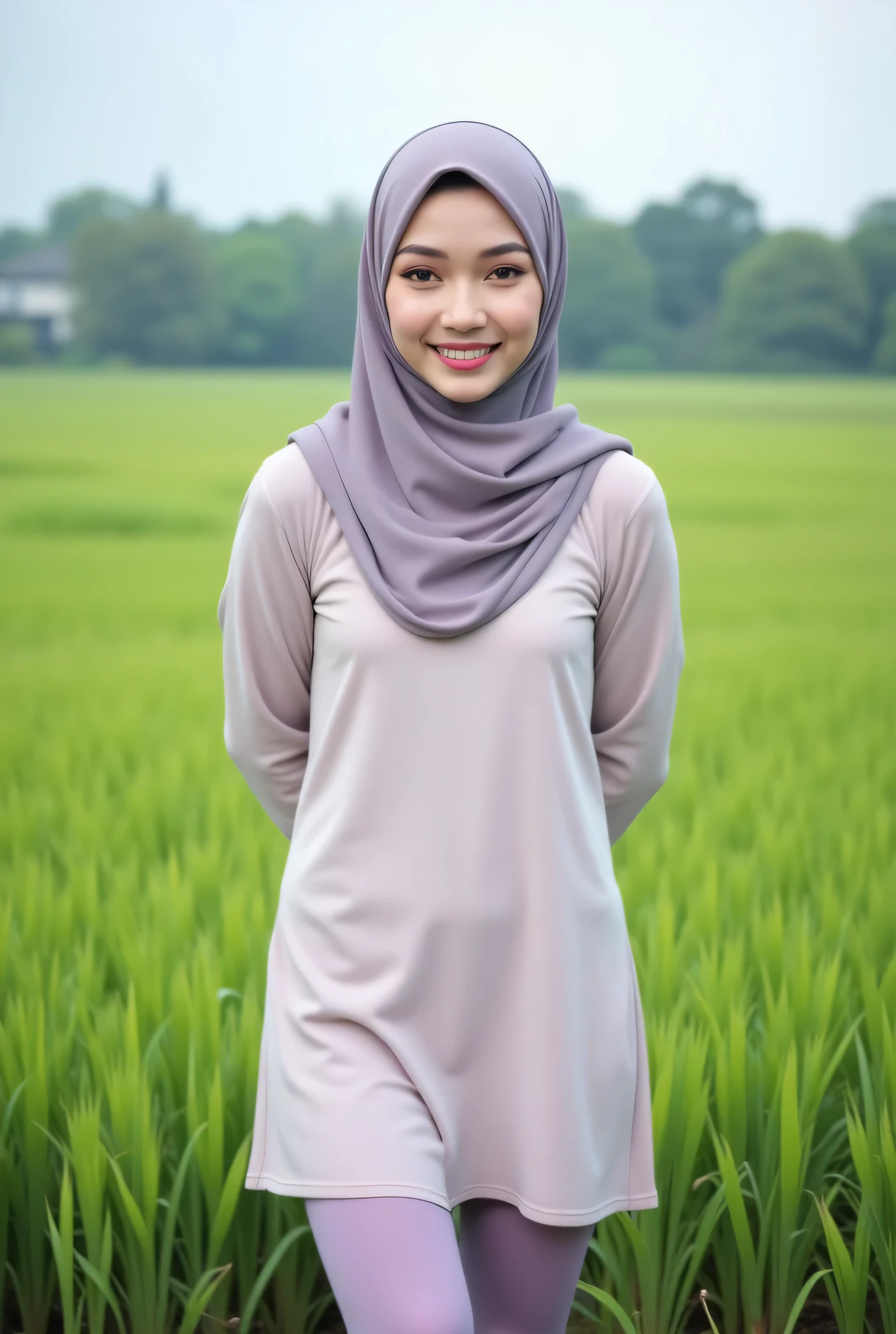 Just Front photo, wear a pastel translucent (periwinkle) leggings closed my center, Tetek besar melayut, hijab hijab hijab hijab, (photorealistic:1.6), background rice paddy. daytime atmosphere, don't put any rope! flat chest!, duduk di atas kerusi kaca, hands behind back while legs astride, view from front, wearing Detailed (very soft plain mini dress) and spread tiny the legs