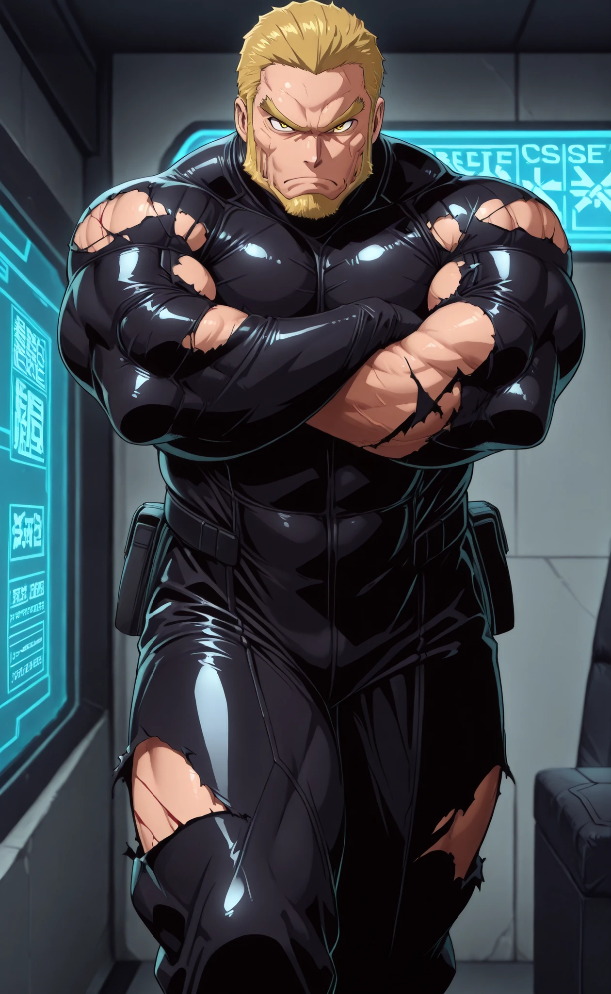 Isao shinomiya, male, mature, blonde hair, yellow beard, (1boy), buffed, serious, black latex suit, tight suit, crossed arms, sideways, big butt, crossed legs, standing, thick eyebrows, yellow eyes, (((torn bodysuit))), ((ripped bodysuit)), secret base, military base,