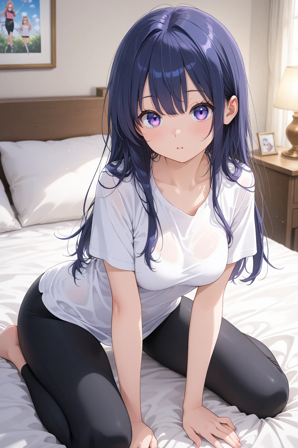 Thunder General, on the bed, Long hair, Wearing a wet white T-shirt, Wearing underwear, Nude:1.4, Slim body, joy, Perfect breasts