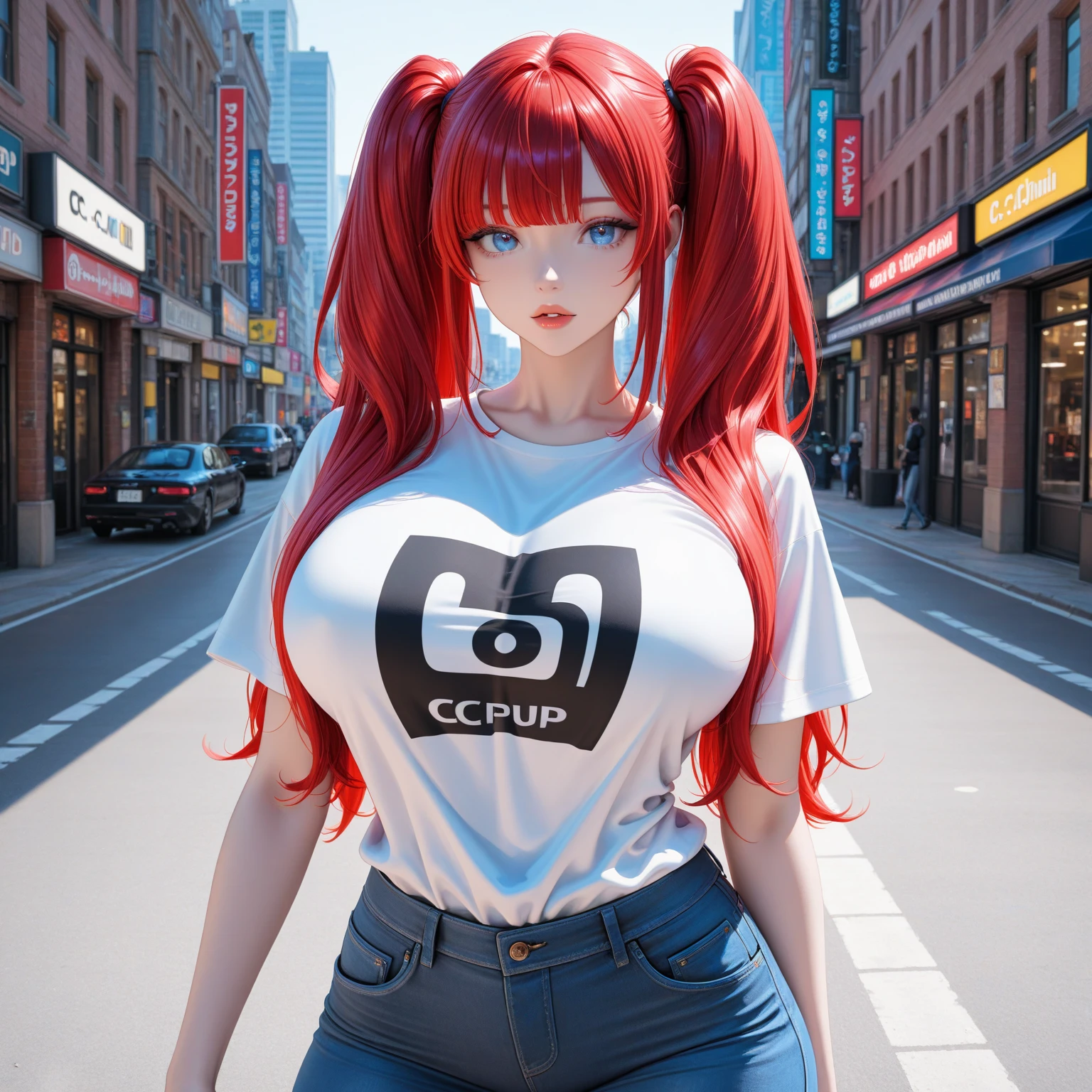 professional, (4k photo:1.1) by (Jeremy Lipking:0.3), (Dittmann Anna:0.3), (Arian Mark:0.3), (Sharp focus:1.3), high detail, wearing (tight shirt:1.2), beautiful detailed face, an attractive woman with long red hair looks into the camera, looking like actress Katherine McNamara, panasonic lumix s pro 50mm f/1.4, anne stokes, color splash, dark orange and dark emerald, ferrania p30, photo realistic, (attractive young woman:1.3), (seductive:1.1), (blushing:1.1), hourglass body shape, big round breasts, wide hips, in background city, taking selfie, completely nude