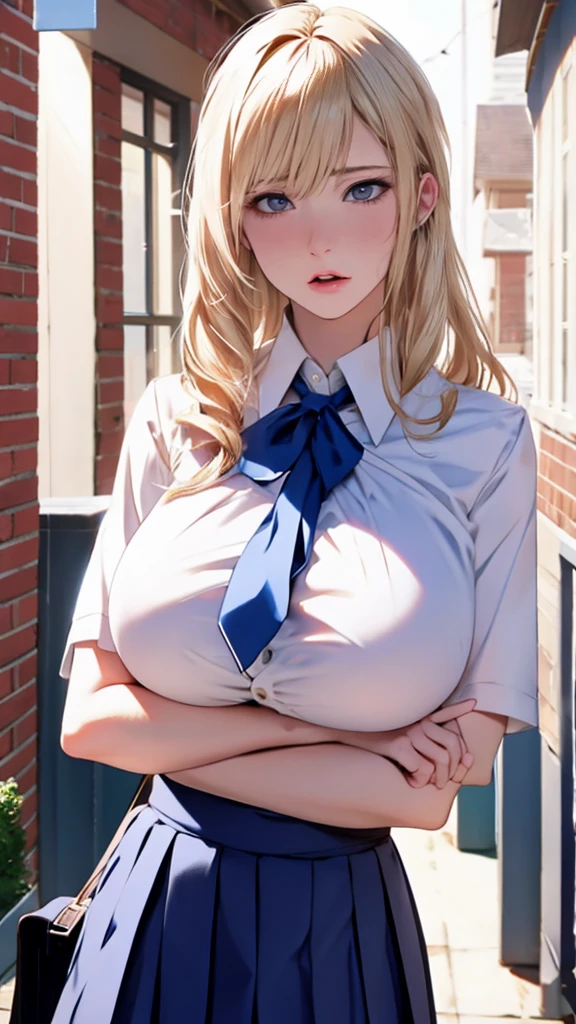 1girl, masterpiece, best quality, slender girl with hourglass body and huge breasts, solo, pretty, cute, shy girl, ((girl wears school uniform, short pleated skirt, white blouse, Korean school uniform)), sexy, girl shows enticing breasts, ((platinum blond hair, long hair)), pink colored eyes, pink orbs, detailed eyes, beautiful eyes, delicate eyes, ((hourglass body, sexy body)), correct anatomy, correct limbs, ((huge breasts:1.6)), juicy lips, pouty lips, [detailed background (korean school, korean high school, Seoul, south korea)]BREAK((pantyhose)),((side shot))