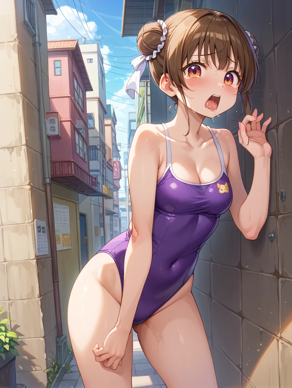 Female courier service, touring, On the way to deliver the courier, On the streets of the city, high detailing, 4K, masutepiece.top-quality、(Two Fat Pretty Girls)、(((Beige pantyhose)))、SEX、cum shots、cum on facial、Ejaculation in the mouth、cum on chest、(Looking at the camera)、Leotards with frills、(Pink leotard)、short ponytail、thick thight、(flat breast:1.2)、(Heart-shaped pupil)、(Frustrated expression)、red blush、Looking up、proximity、Mouth open、(Sweating all over the body:1.4)、toppless、Grabbing your own chest