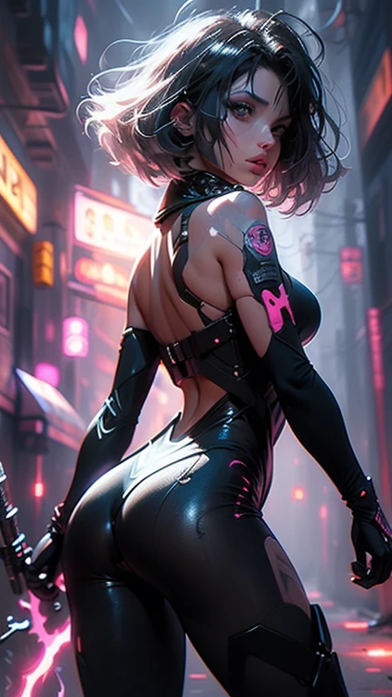 girl spacepunk,(((1girl))),((beautiful girl with cute pink hair)),

(large breasts:1.4),saggy breasts,((pink hair,pink messy hair,colored inner hair,short hair:1.5,absurdly short unkempt hair:1.35,short pink hair,ear breathing,intricate cut hair,((short hair tied up)))),(((pink_eyes:1.3))),intricate eyes,beautiful detailed eyes,symmetrical eyes,((fat)),(((lustrous skin:1.5,bright skin: 1.5,skin tanned,shiny skin,very shiny skin,shiny body,plastic glitter skin,exaggerated shiny skin,illuminated skin,wet legs))),(spider lower abdomen,narrow waist,wide hip,athletic body,inflated legs, thick thighs,detailed body,(detailed face)),

cute,slutty,seductive,erotic,(((nsfw))),

zettai ryouiki,revealing clothing,show skin,((underboob:1.5)),(cleavage),(semi-naked,with little clothing),((tiny micro thong:1.3)),(visible thong straps:1.3),((underpants strap)),(((tiny futuristic white spandex suit,long sleeve, zipper crop suit, zipper slightly unzipped))),((heavy boots over the knee, white boots)),((micro superhero suit,military patches)),(((white clothes, white outfit, wet clothes,intricate outfit,intricate clothes))),

(dynamic pose:1.0),solo focus,embarrassed,(centered,scale to fit dimensions,Rule of thirds),

cyberpunk city by the ocean at night, with bright neon signs and dark stormy clouds and puddles, scenery:1.25,nighttime, starry night, cosmos,Very dark night that makes the neon lights stand out, very bright neon lights,nighttime, starry night, cosmos,

artistic photography,(photography taken by sldr),highres, sharp focus,(ultra detailed, extremely detailed), (photorealistic artwork:1.37),(extremely detailed CG unity 8k wallpaper),((synthwave background theme)),(((vibrant colors))),intricate,(intricate background),(masterpiece),(best quality),perfect rendered face,perfect face details,realistic face,photo realistic,analog style,((intricate detail)),(((realism))),


