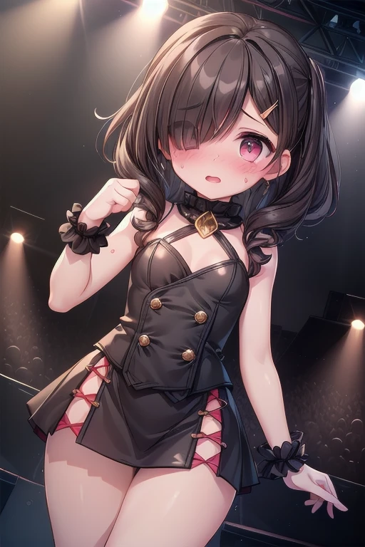 (masterpiece,best quality, detailed), 1girl, solo, indoors, embarrassed, (full-face blush), open mouth, mizuki yukikaze, hair ribbon, one-piece tan, bridal garter, detached sleeves, frills, heart cutout, corset, breastless clothes, frilled collar, micro panties, brooch, covering breasts, (((stage, spotlight))),