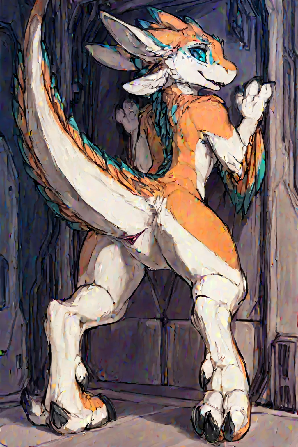 a beautiful and detailed portrait of a huge female feral renamon, nipples, tail, kenket, Ross Tran,ruan jia, trending on artstation,foxovh, cenematic lighting, vip, body, full body, sexy body, lookin at viewer, big body, stone wall, basement ruins, rear view, standing, against wall, sad, wet, open mouth, big , after sex, cum in vagina, cinematic view
