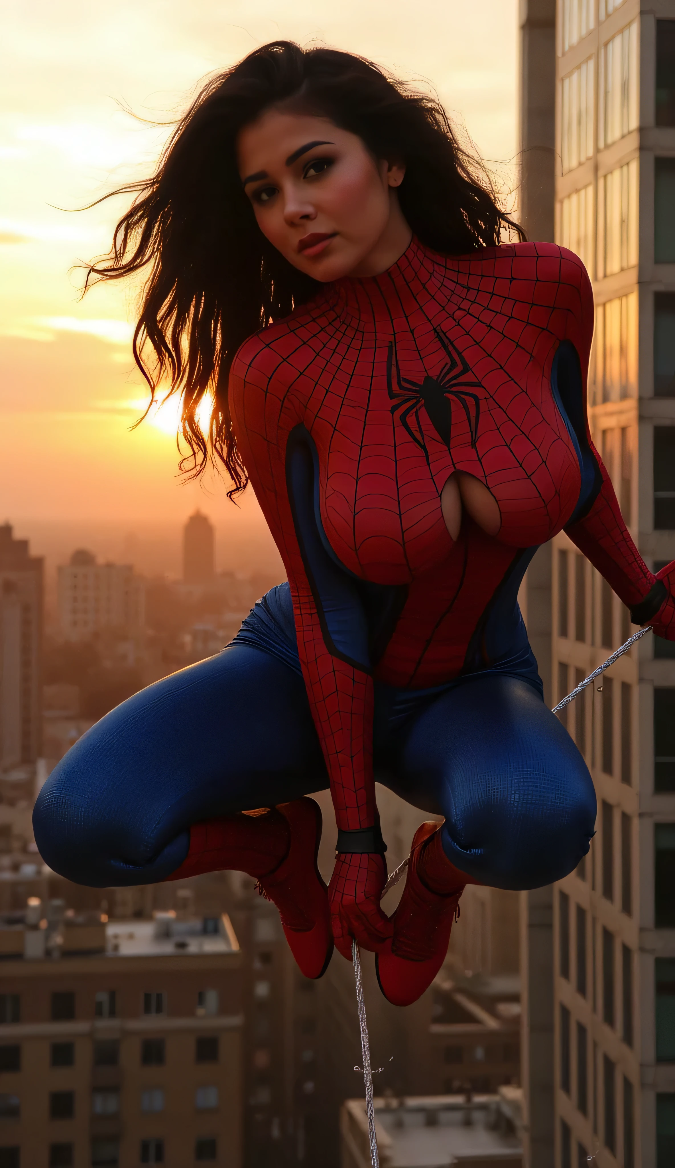 (masterpiece, Highest quality), Intricate details, 8K, Art Station, wallpaper, Official Art, 1 Girl, Long Hair, Bowl Cut Hair, Red eyes, Black Hair, ,  ((Spiderman Suit, Spider webprinting, Spider web)),  , Skyscraper, city, building, car, street,((Delicate painting))，(Detailed RAW photos of girls), (Pieces fly:1.25), (Highest quality:1.6), (Ultra-high resolution:1.5), (Photorealistic:1.75), 8K resolution, Canon EOS R5, 50mm, Confused, Very detailed,Cinema Lighting,((Wedge Shape))、(((Super big breasts)))、Leg spread、(I can see your abs)、(Nipples)、((Separate suits))、Spider knee-high socks、Sexy pose、((spiderman bikini))、(Spread your legs、Leg spread)、(((Tattered Suit)))、Underbust、Spread your legs、Sexy pose