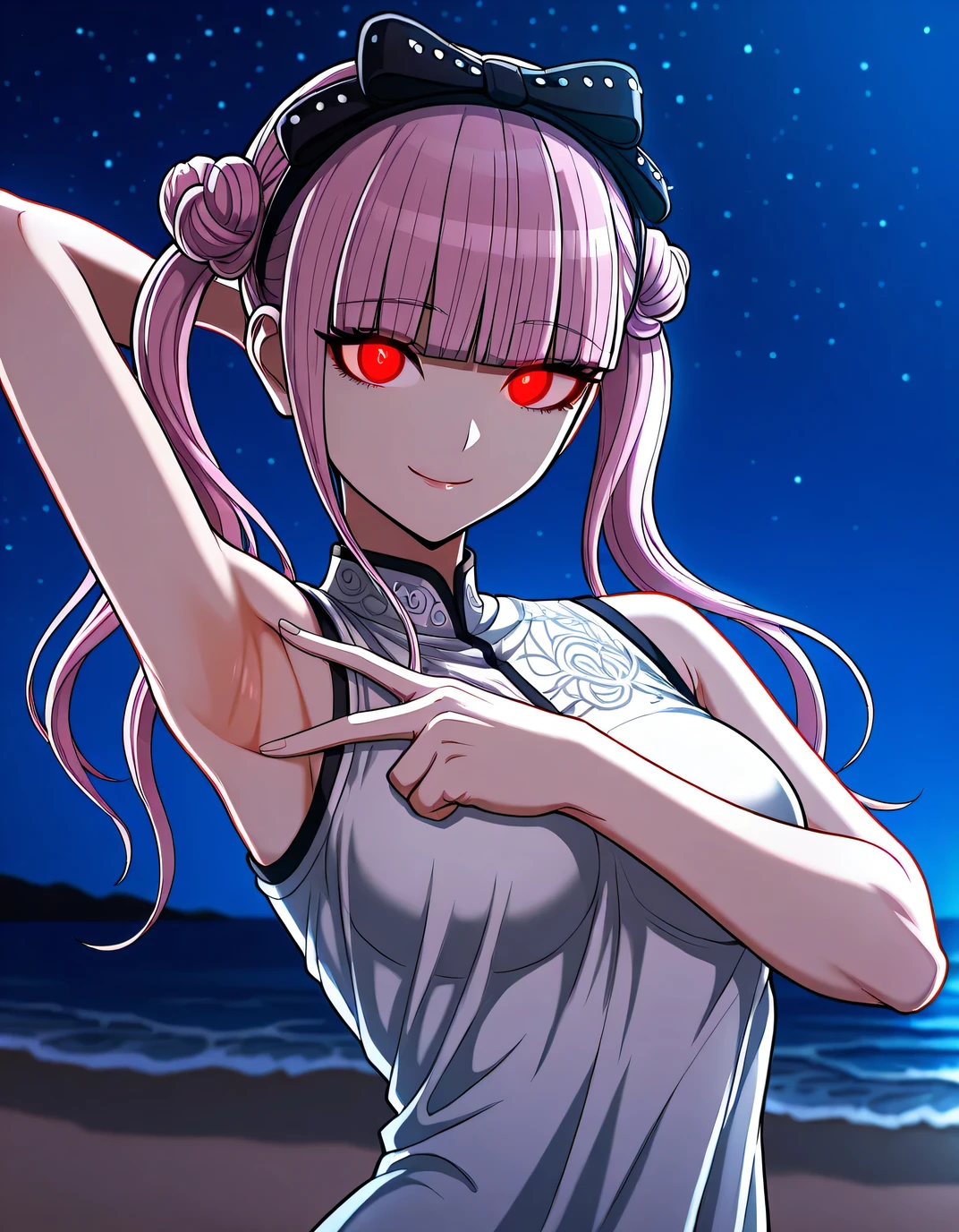 kako, pink hair, red glowing eyes, twintails, double bun, black bow, blunt bangs, alternate costume, sleeveless, white shirt, high quality, closed mouth, solo, upper body, night sky, beach, <lora:spread-armpit-illustriousxl-lora-nochekaiser:1>, spread armpit, armpits, armpit focus, v, ((contrapposto)), looking at viewer, smile, best quality,