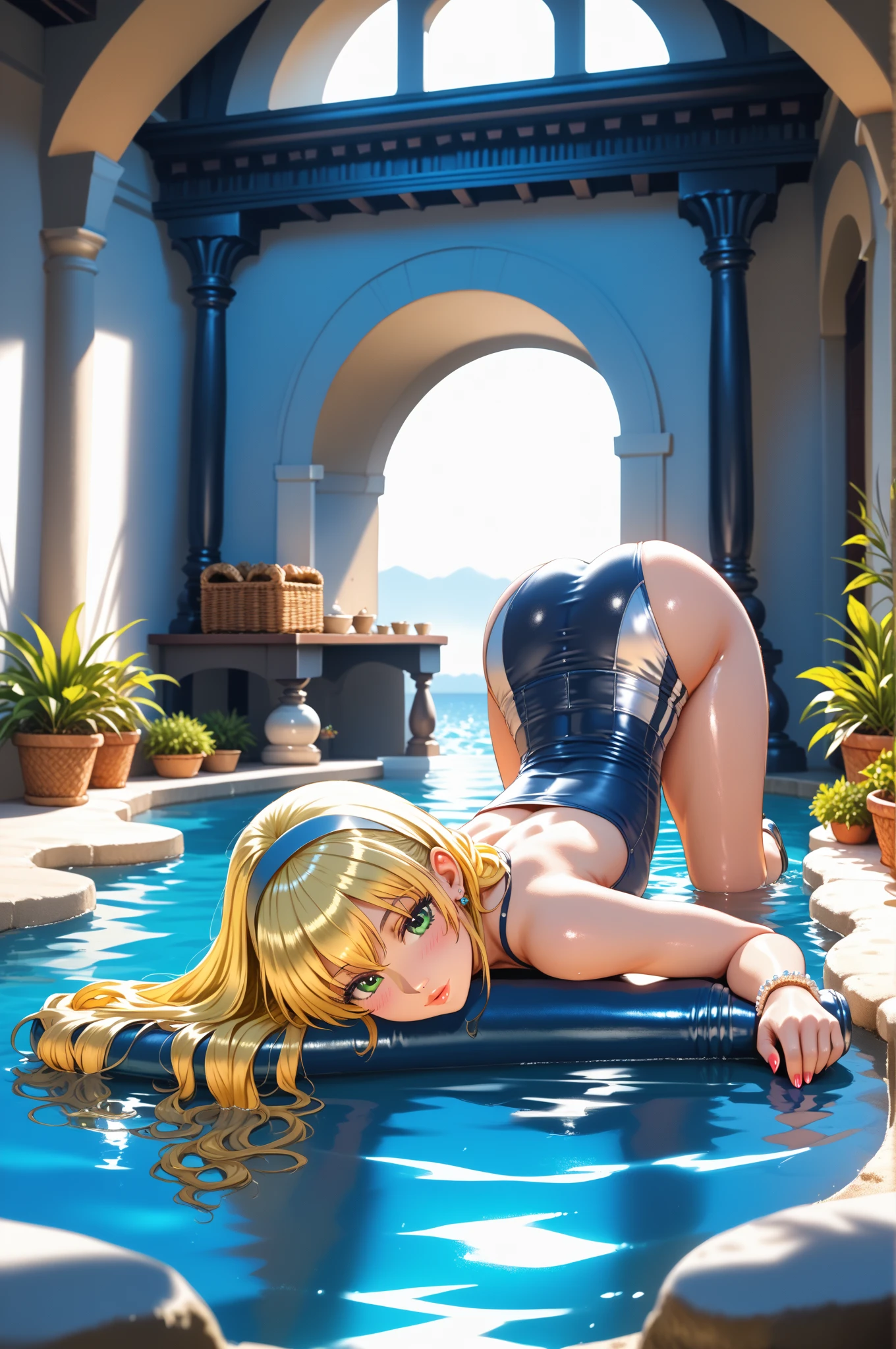 1 woman, big ass, Big breast, ((nude))Roll megaman, Blonde hair, green ribon, full body zenkai! asuka suit, white panties, short panties,perfect face, embarresing, blue eyes, detalled pupils, Blush, oilied skin, (place shower), Masterpiece, HD, high cuallity,better cuallity, off cel shading, good anatomy, good pose, furry