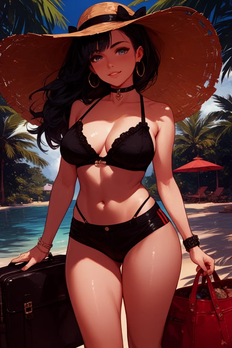 ((Masterpiece)), ((Best Quality)), Ultra High Resolution, HDR, absurderes, 8K, (1 girl), intricate details, ultra-detailed, dramatic lighting, blushing, angry, brown eyes, short black hair, 2 pigtails, (wearing a black bikini, jean shorts and a beach hat), in a restaurant, gorgeous girl, large breasts, gorgeous body, glossy skin, vivid colors, full body view, detailed illustration, detail background, feminine, professional artwork, big thighs, cleavage, small waist, wide hips