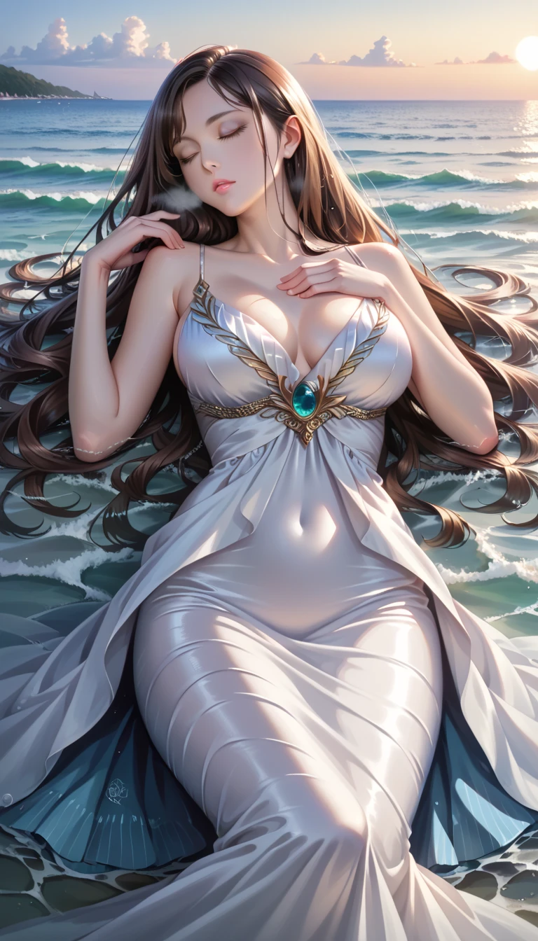 Sophia Leone as Eve and the serpent, beautiful, dressed with very long hair, the serpent gently envelops her with its coils, in the background the Garden of Eden, perfect digital painting, highly detailed pose, intricate, intricate, clarity, high quality, trendy on artstation, Moebius, Milo Manara.