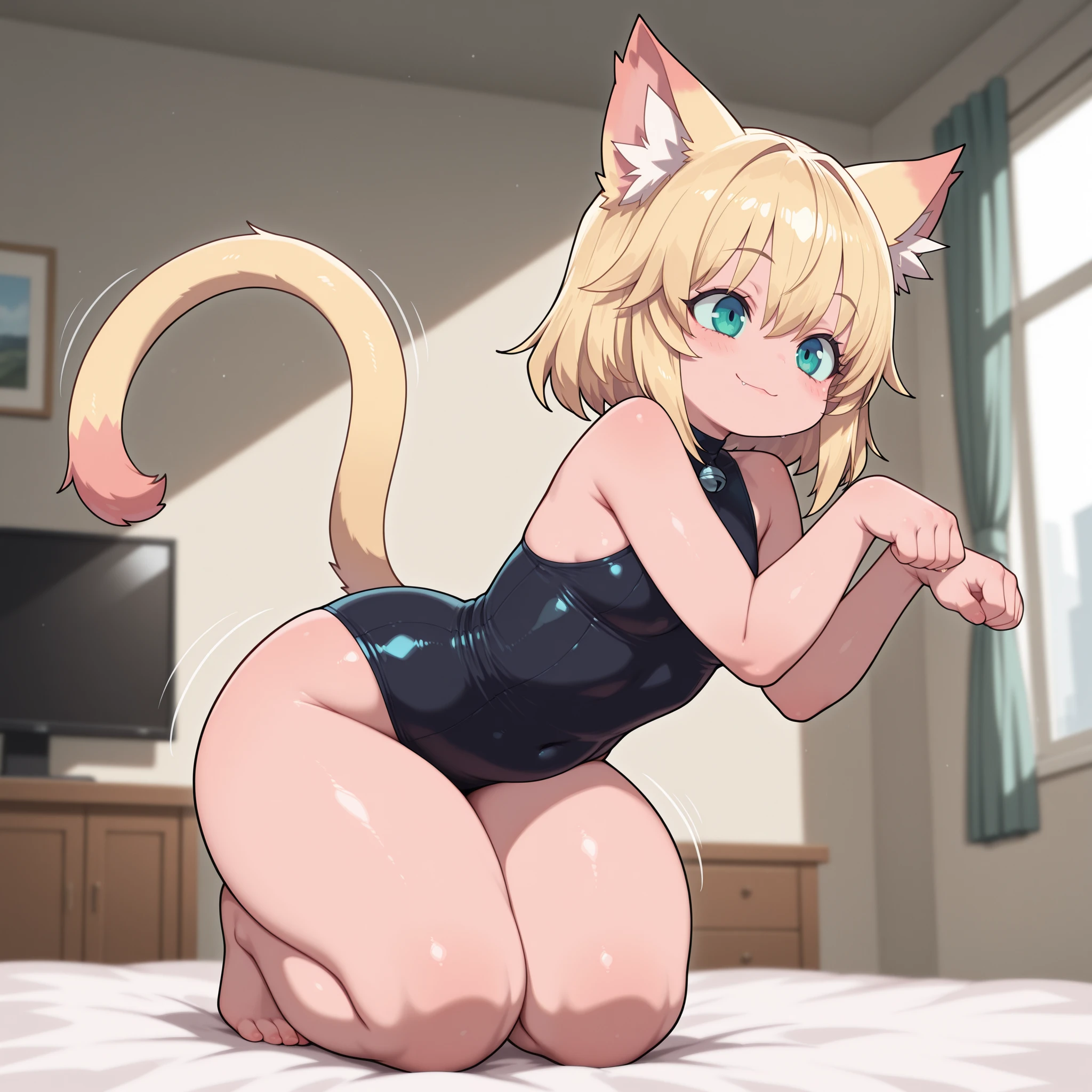 (Best quality, anime style, 1foxgirl, ahoge, short blonde hair, 20 years, tall perfect body), long fox ears, long fox tail, ((off shoulder black jacket, white tank top, black dolphin shorts, thong straps, white thigh highs)), yellow eyes, (colossal breasts, thick thighs, wide hips, thick ass, plump ass, sexual), perfect anotomy, super sexy, hourglass figure,